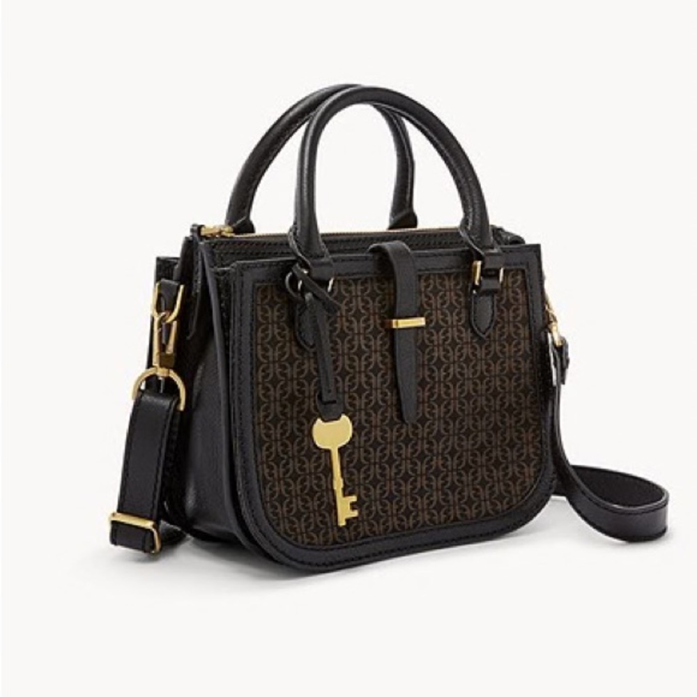 Fossil Ryder Satchel in black signature logo canvas and leather.
